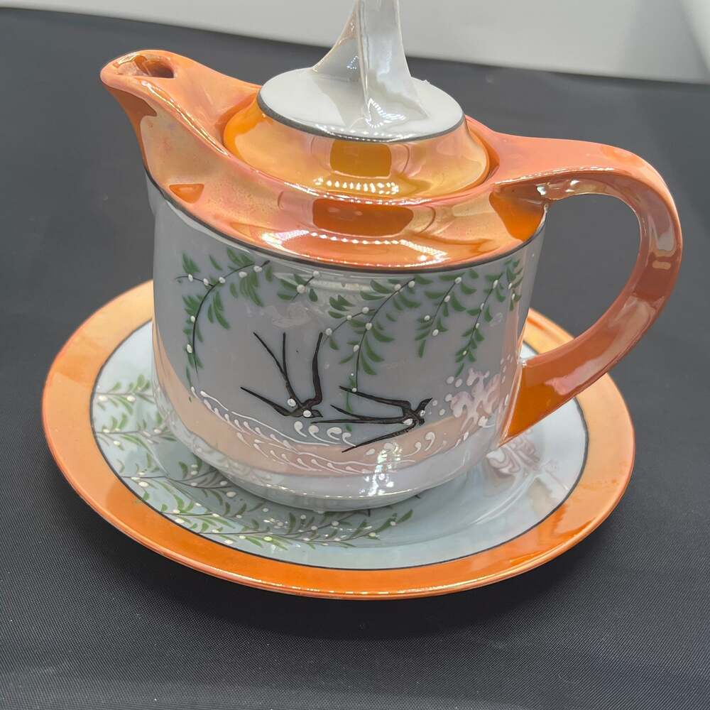 VTG GOLDCASTLE CHIKUSA Art Deco Hand Painted Lustreware Teapot & under plate